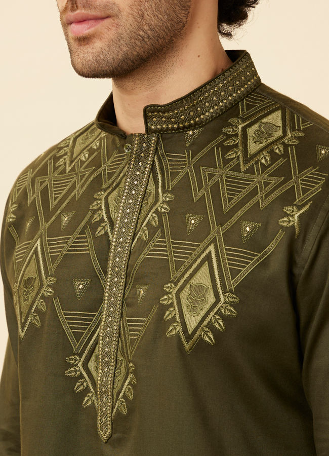 alt message - Manyavar Men Olive Green Wakanda Kurta Set image number 1